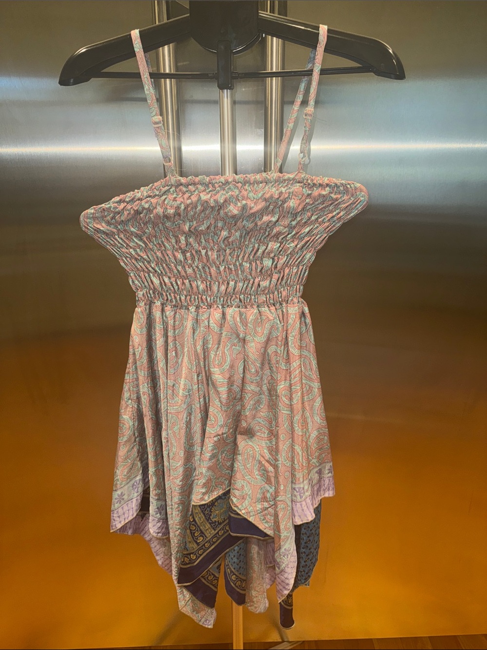 Smocked Pink Paisley Mini Dress with Handkerchief Hem